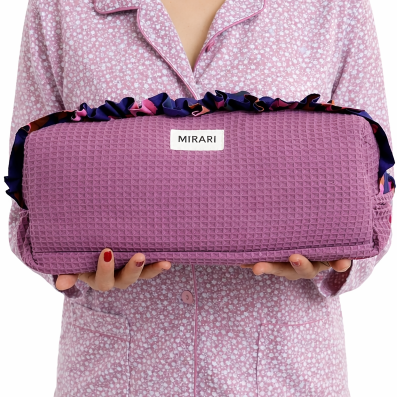 Mirari Tote Bag · Beige Waffle Cotton, mauve interior, floral bow