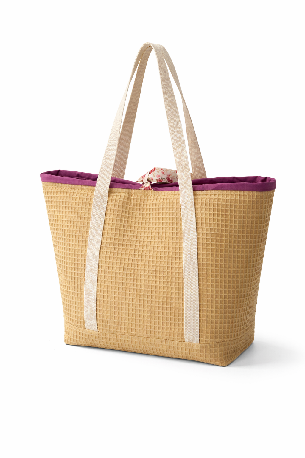 Mirari Tote Bag · Beige Waffle Cotton, mauve interior, floral bow