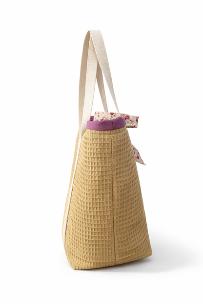Mirari Tote Bag · Beige Waffle Cotton, mauve interior, floral bow