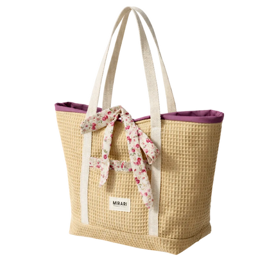 Tote Bag Mirari · Cotone Waffle Beige, interno malva, fiocco floreale