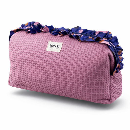 Borsa Dyson Airwrap con volant · Cotone Waffle Malva, interno fantasia floreale blu e rosa