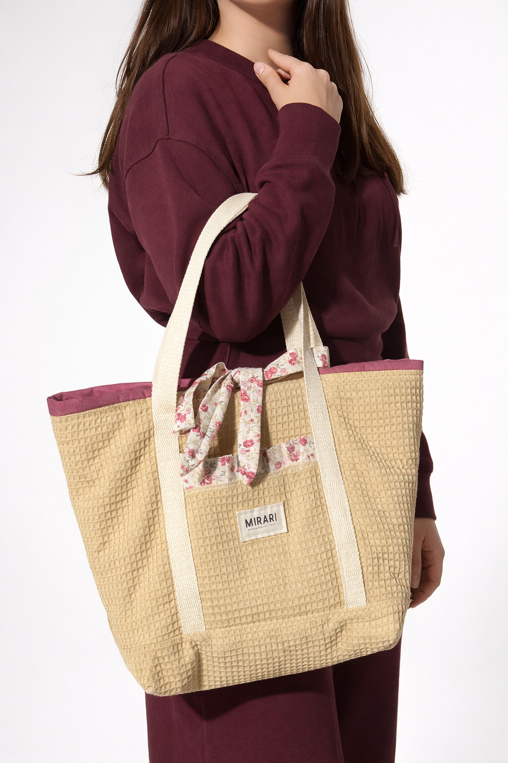 Mirari Tote Bag · Beige Waffle Cotton, mauve interior, floral bow